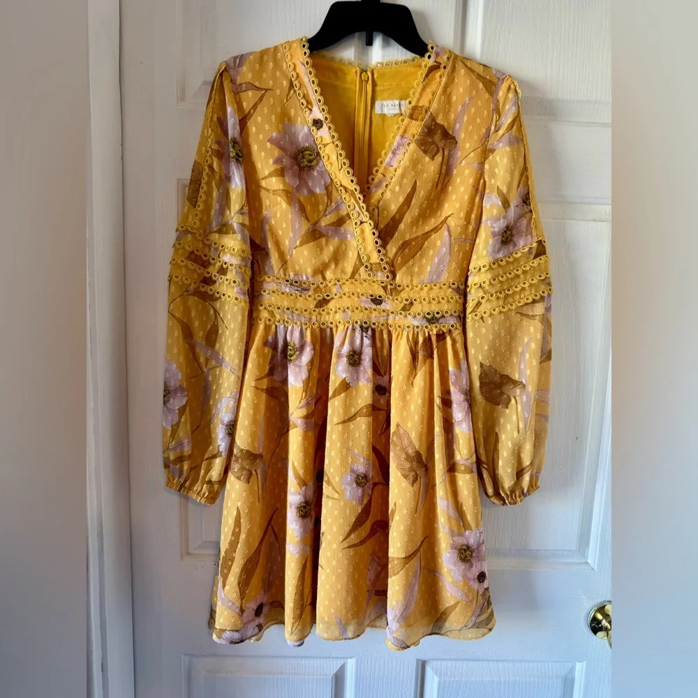 TED BAKER “Posyy” Yellow Mini V Neck Floral Dress w pockets - Picture 2 of 14